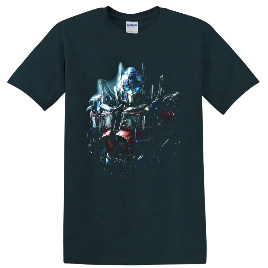 Optimus Prime Transformers robot graphic with red blue and silver armor on a Midnight (Green) T Shirt