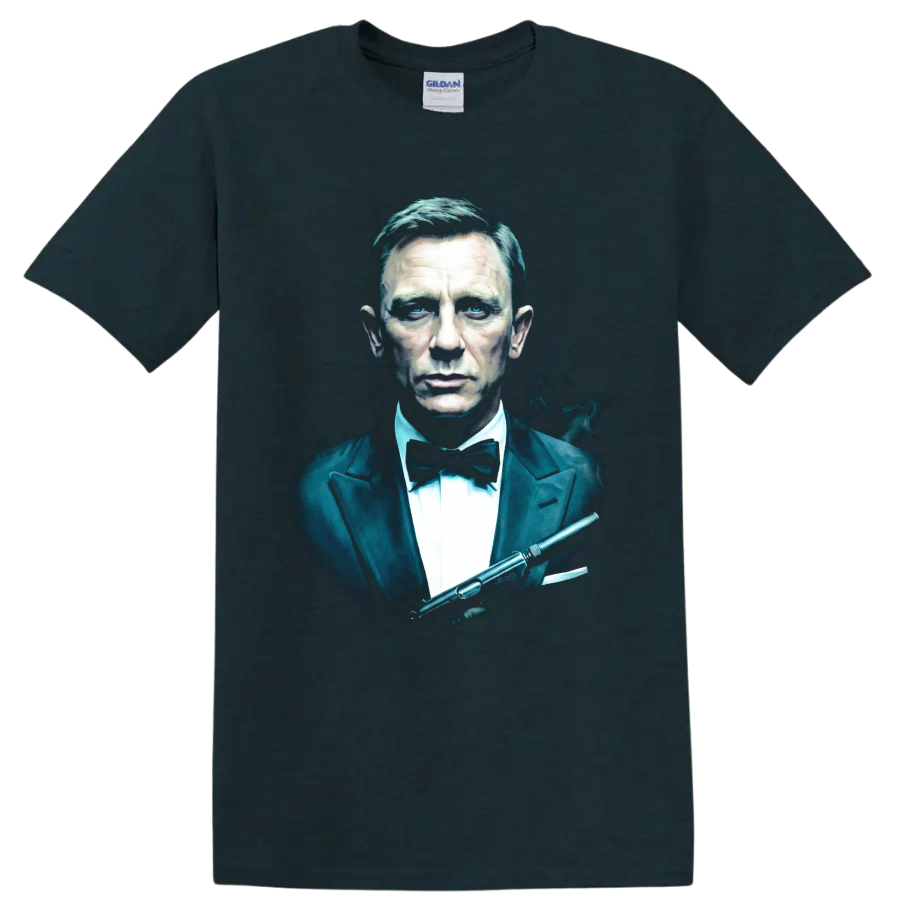 James Bond Spectre tuxedo portrait with silenced pistol graphic on a Midnight (Green) T Shirt