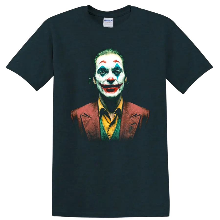 Arthur Fleck Joker close-up portrait with colorful clown makeup graphic on a Midnight (Green) T Shirt