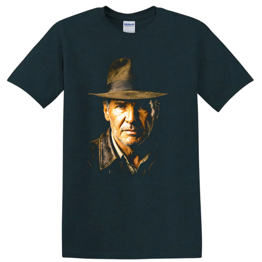 Indiana Jones vintage cinematic portrait wearing a fedora on a Midnight (Green) T Shirt