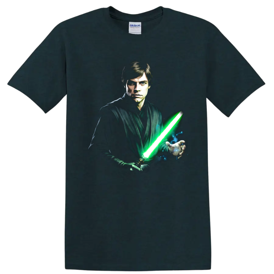 Luke Skywalker Jedi portrait with glowing green lightsaber graphic on a Midnight (Green) T Shirt