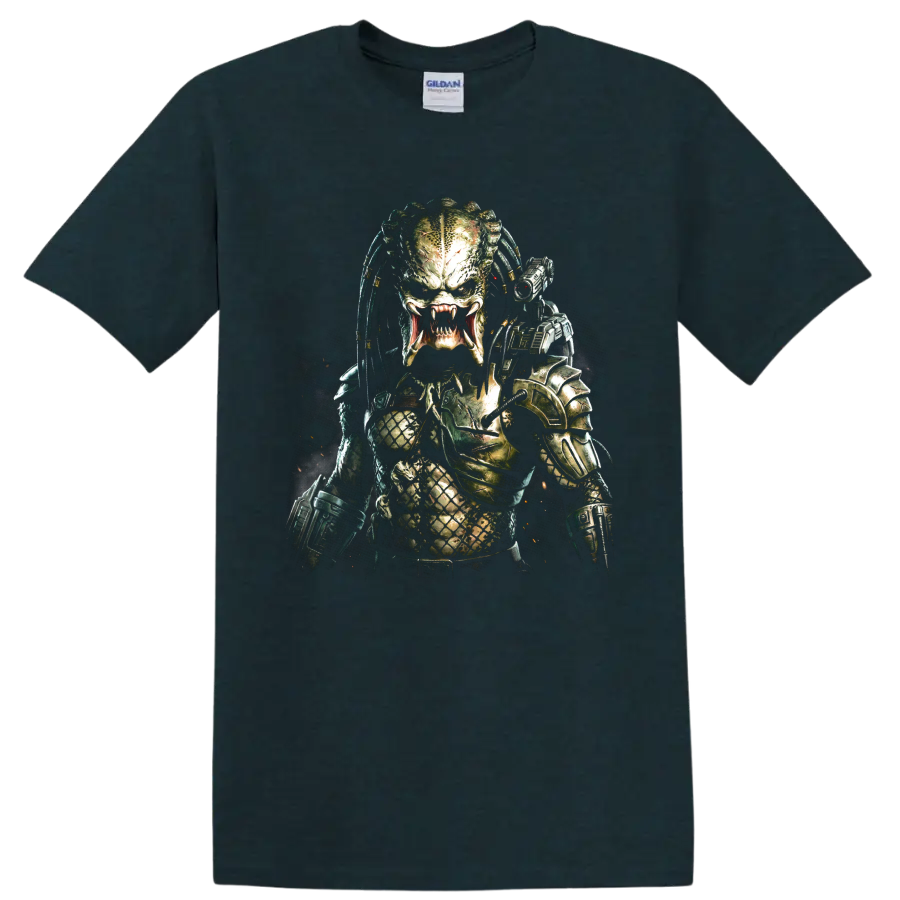 Predator alien hunter graphic print with armor and fangs on a Midnight (Green) T Shirt