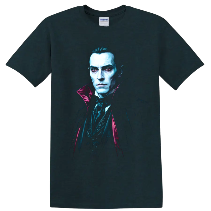 Bela Lugosi as Dracula in a gothic vampire portrait with red eyes on a Midnight (Green) T Shirt