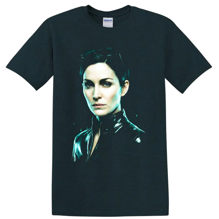 Trinity from The Matrix neon cyberpunk portrait on a Midnight (Green) T Shirt