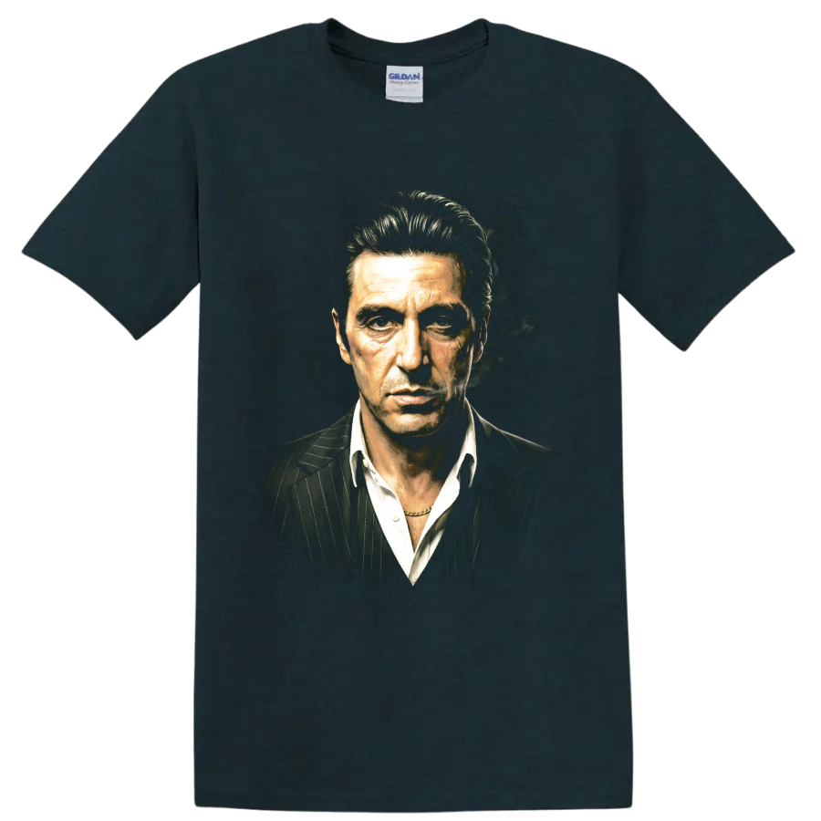 Michael Corleone portrait in a pinstripe suit with smoky cinematic styling on a Midnight (Green) T Shirt