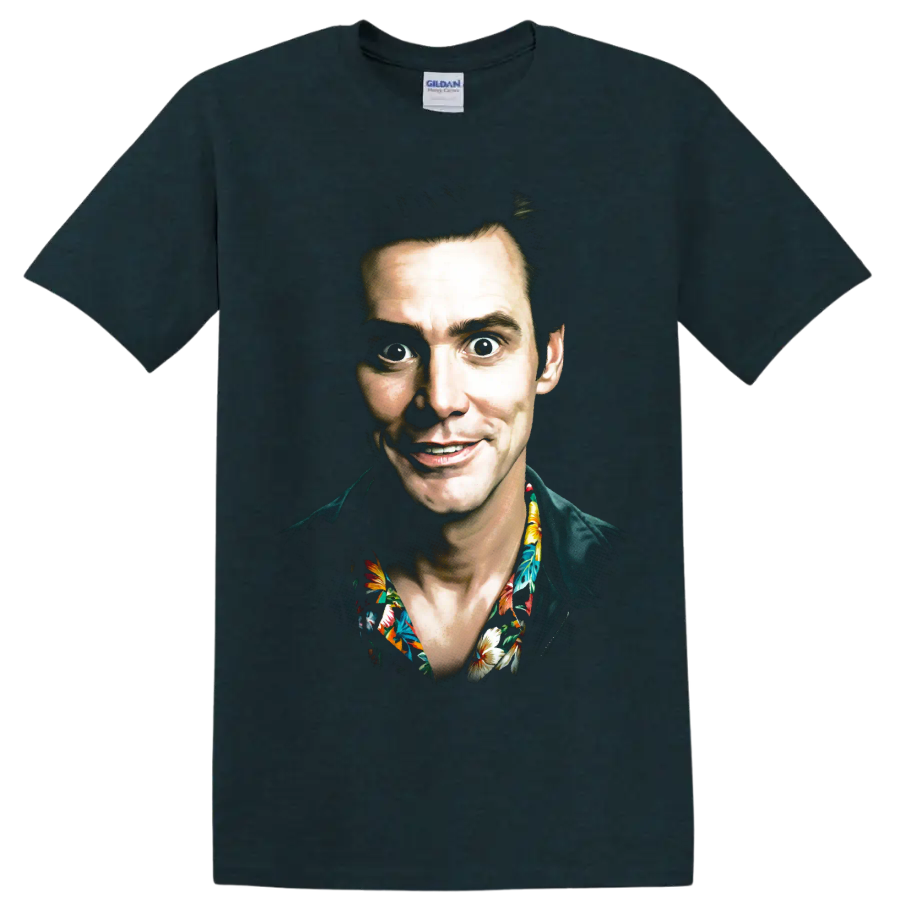 Ace Ventura character portrait graphic print with tropical floral collar on a Midnight (Green) T Shirt
