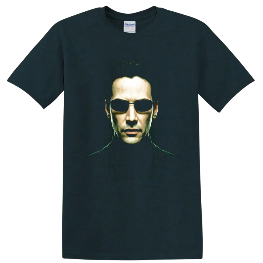Neo from The Matrix in sunglasses, dramatic green-lit cyberpunk portrait on a Midnight (Green) T Shirt