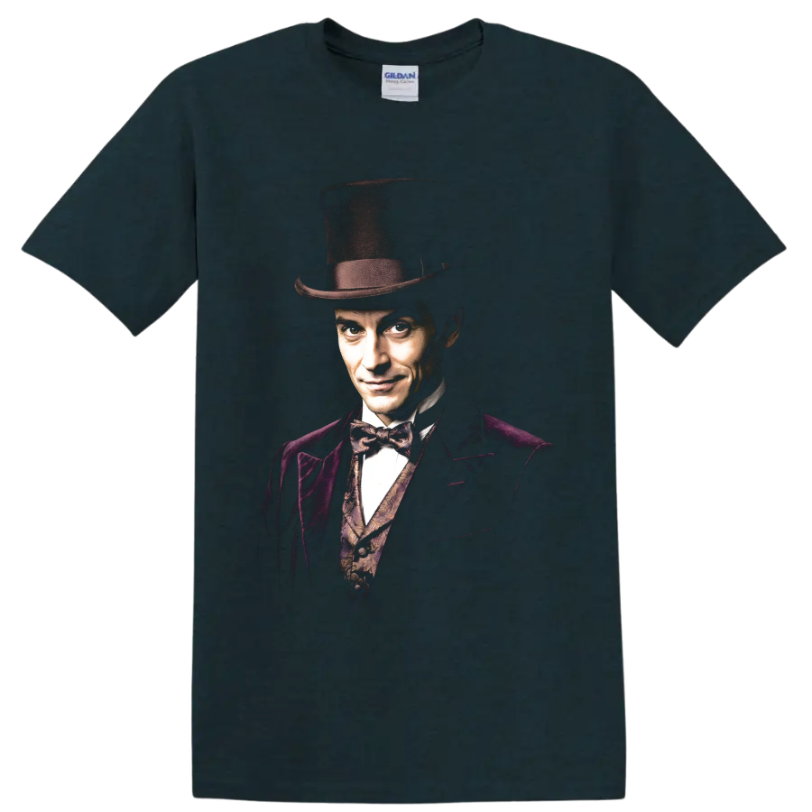 Robert Angier The Prestige magician portrait with top hat on a Midnight (Green) T Shirt