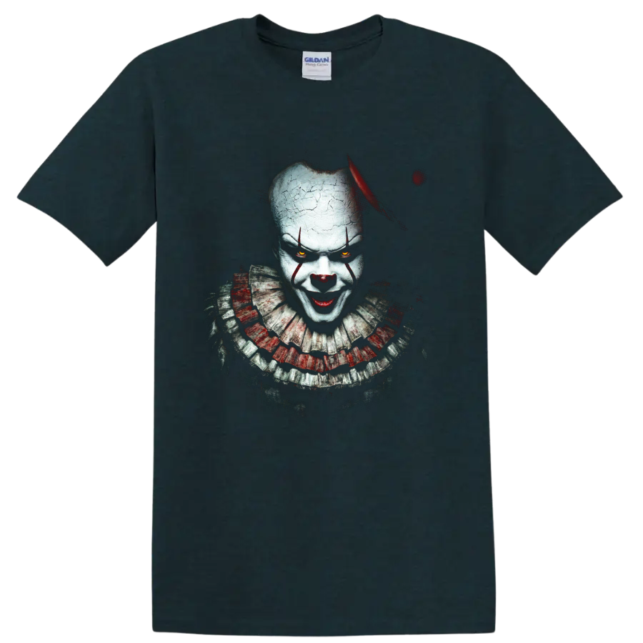Pennywise horror clown portrait with cracked makeup and glowing eyes on a Midnight (Green) T Shirt