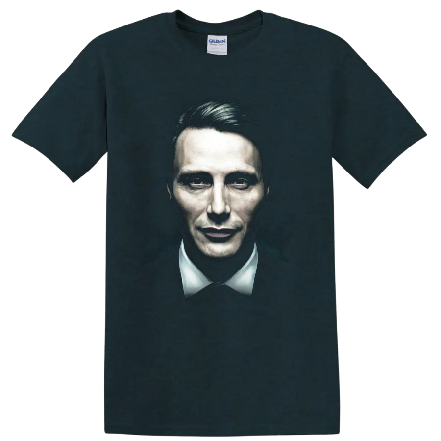 Hannibal Lecter dark painted portrait graphic print on a Midnight (Green) T Shirt