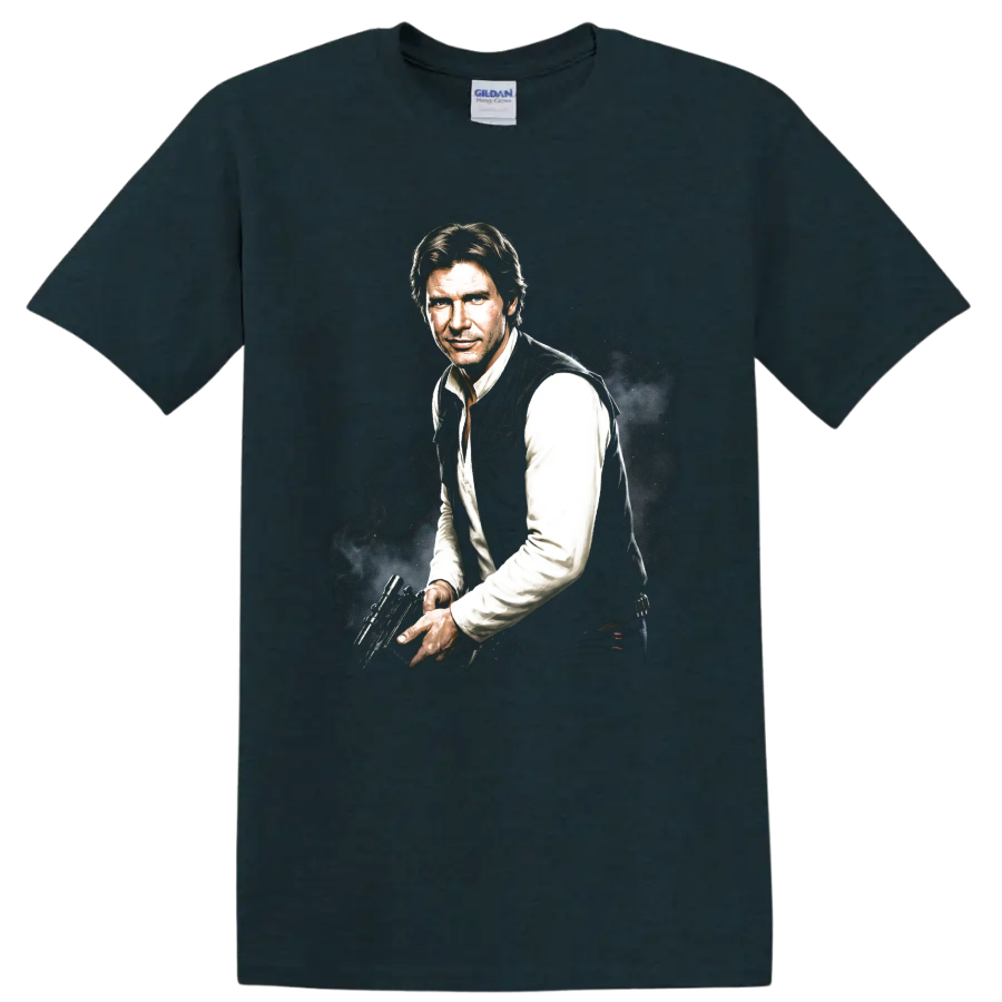 Han Solo Star Wars character portrait with blaster, cinematic graphic art on a Midnight (Green) T Shirt