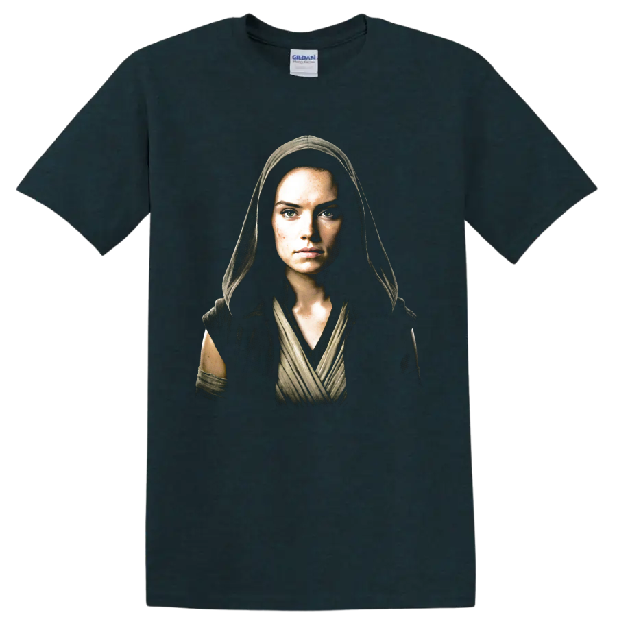 Rey Skywalker hooded Star Wars movie portrait graphic on a Midnight (Green) T Shirt