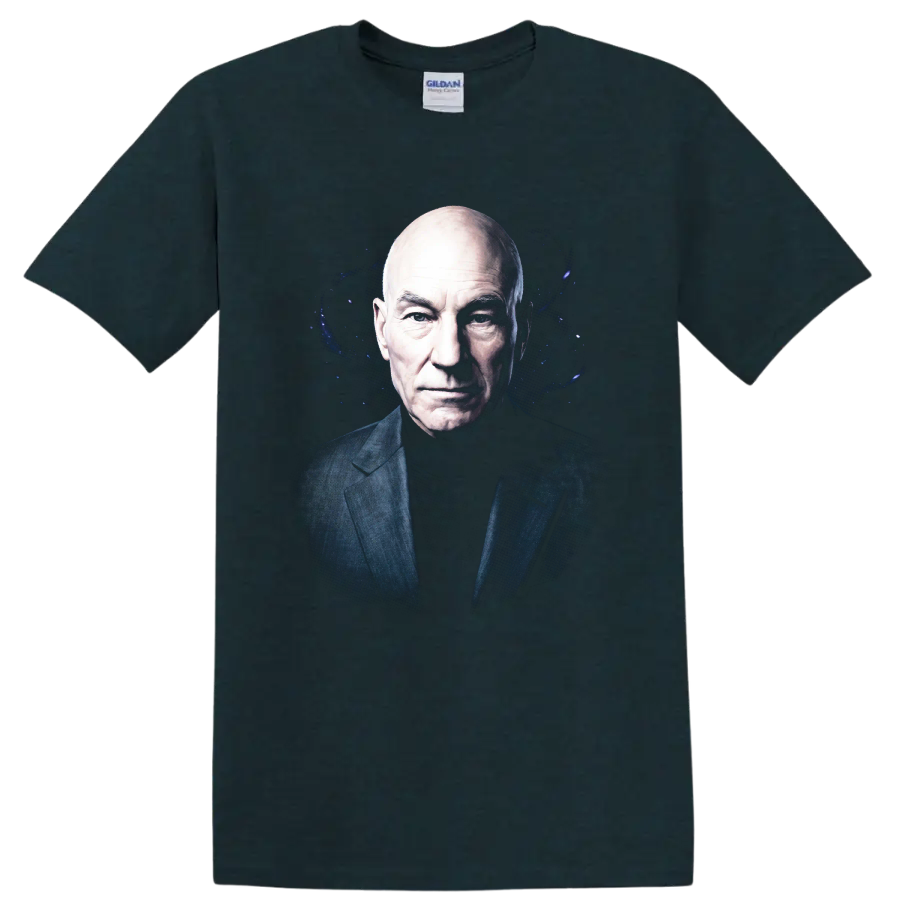 Patrick Stewart portrait with a dark cosmic blue galaxy graphic background on a Midnight (Green) T Shirt