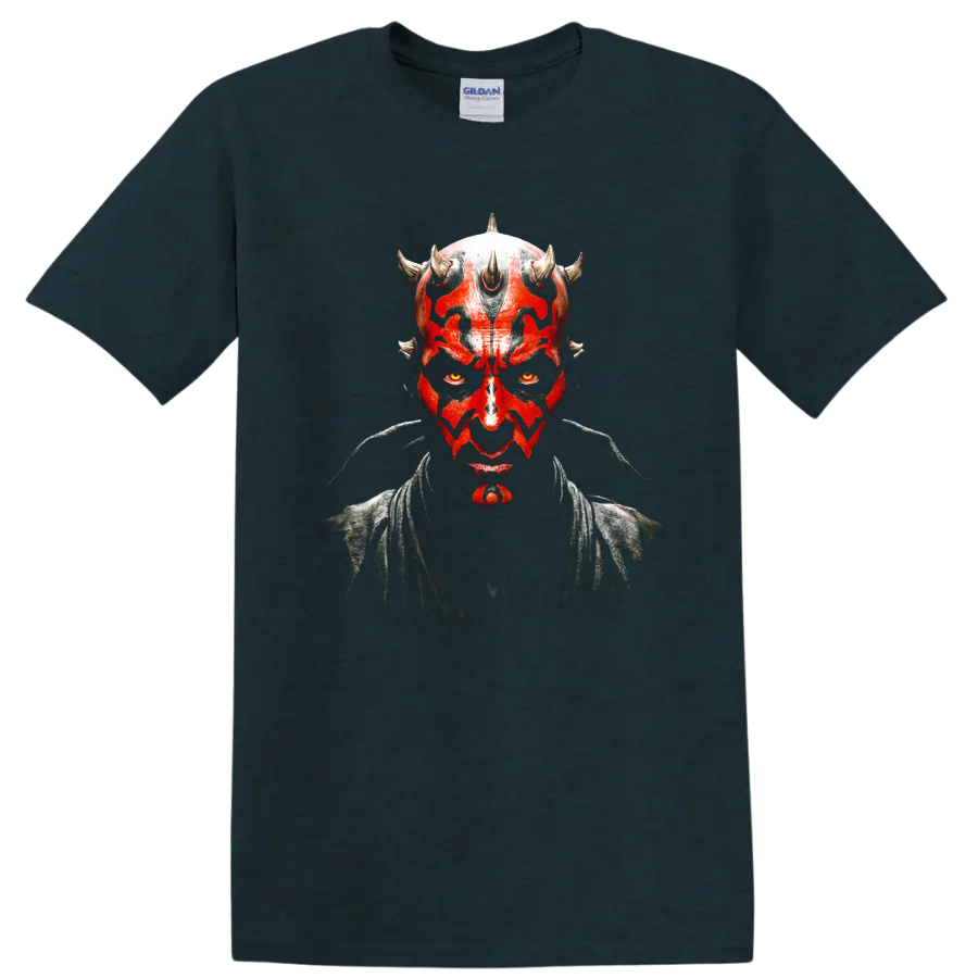 Darth Maul portrait with red and black face paint graphic on a Midnight (Green) T Shirt
