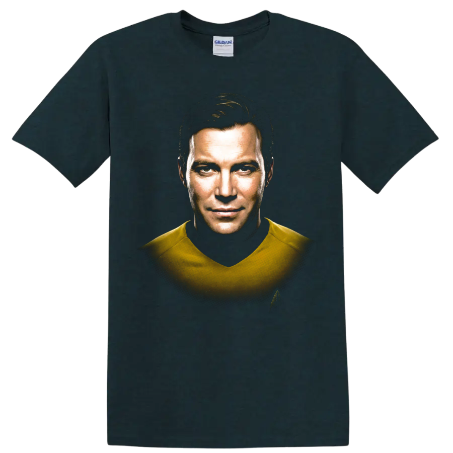 James T. Kirk Star Trek captain portrait graphic on a Midnight (Green) T Shirt