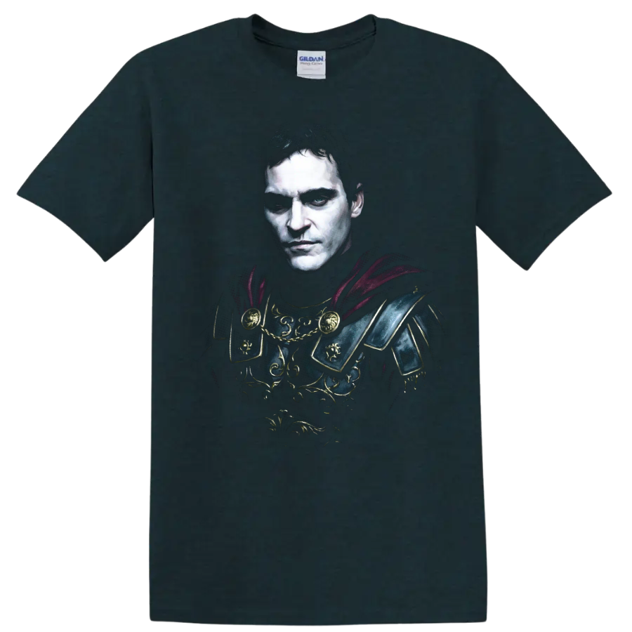 Commodus from Gladiator in ornate Roman armor portrait art on a Midnight (Green) T Shirt