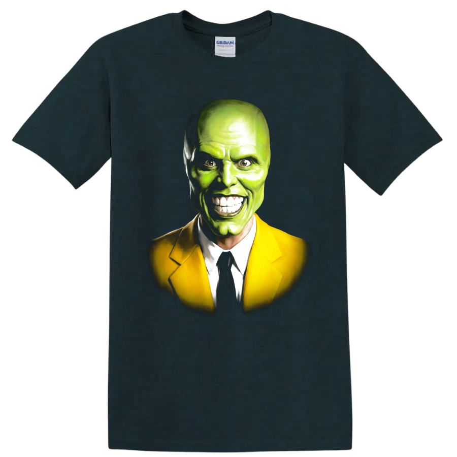 The Mask green face portrait in yellow suit graphic print on a Midnight (Green) T Shirt