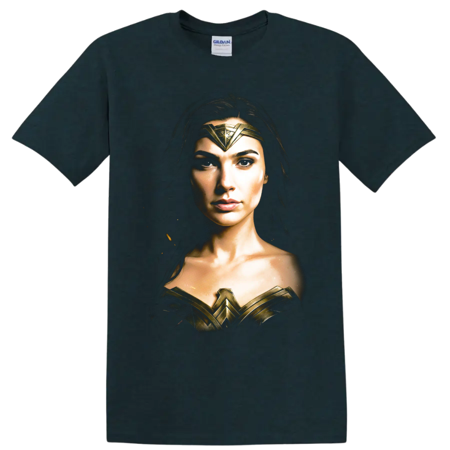Wonder Woman portrait with gold armor and tiara graphic on a Midnight (Green) T Shirt