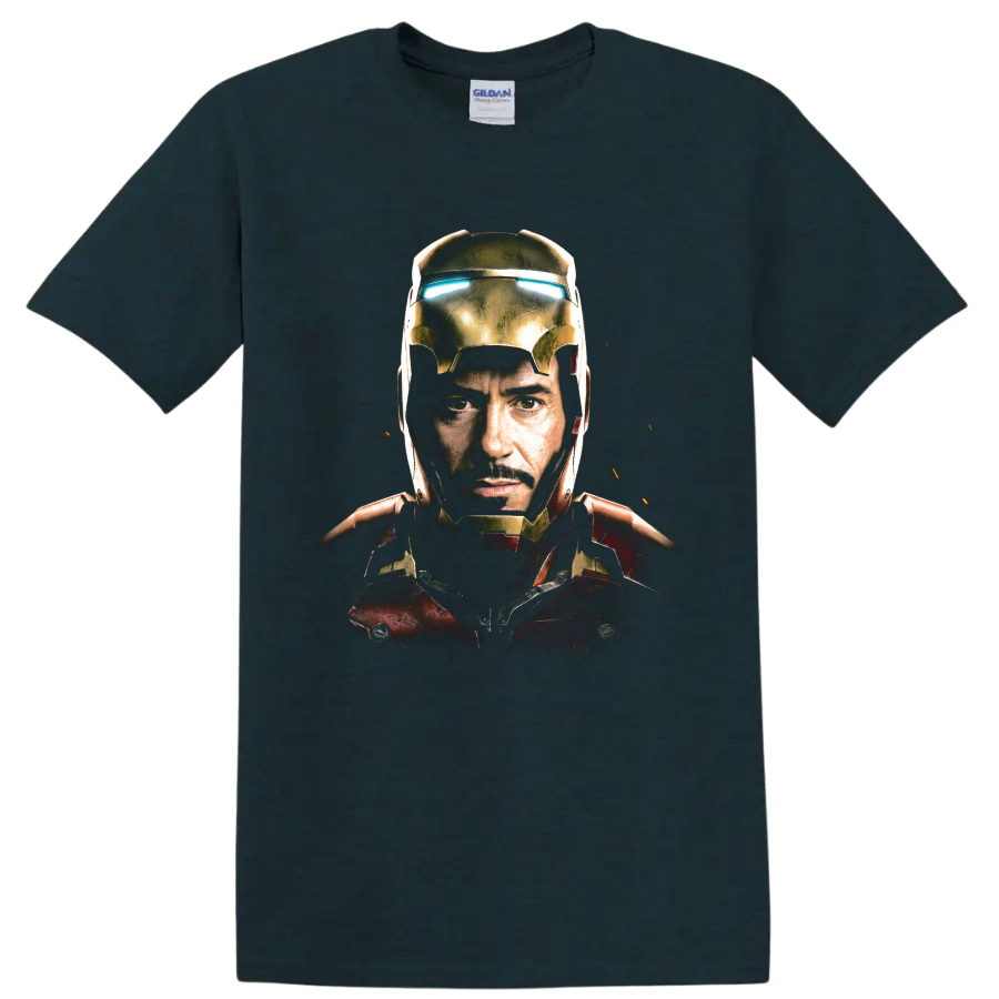 Tony Stark Iron Man armored portrait with glowing blue eyes on a Midnight (Green) T Shirt