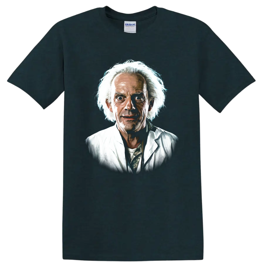 Doc Brown portrait from Back to the Future in a painterly graphic style on a Midnight (Green) T Shirt