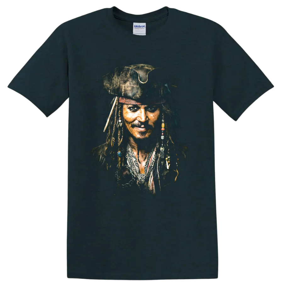Jack Sparrow pirate captain portrait with dreadlocks and beads on a Midnight (Green) T Shirt