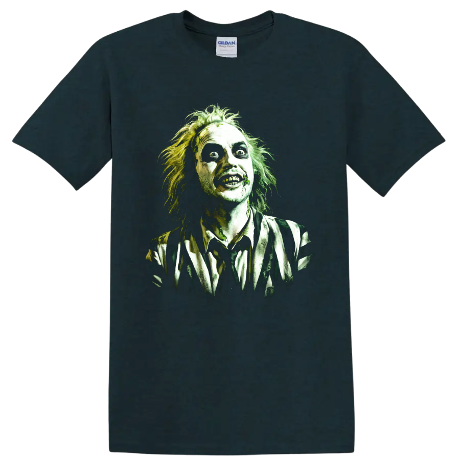 Beetlejuice gothic horror character portrait with wild hair and striped suit on a Midnight (Green) T Shirt