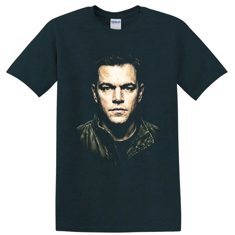Jason Bourne gritty portrait graphic from the Bourne film series on a Midnight (Green) T Shirt