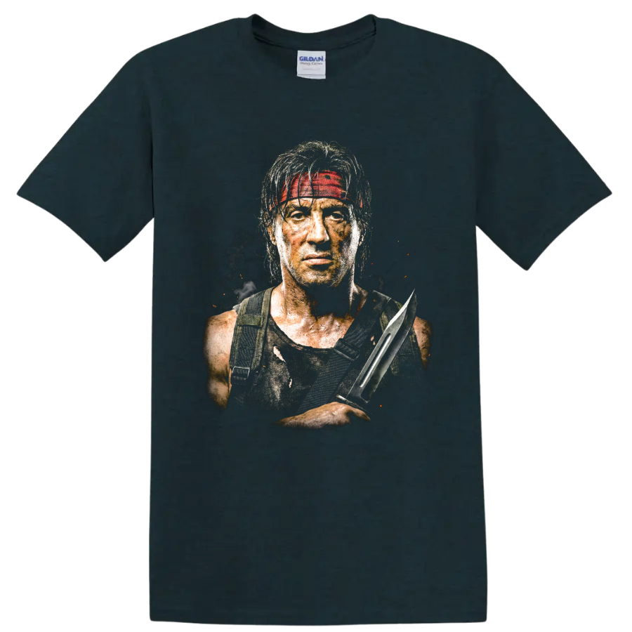 John Rambo portrait with red headband and combat knife graphic print on a Midnight (Green) T Shirt