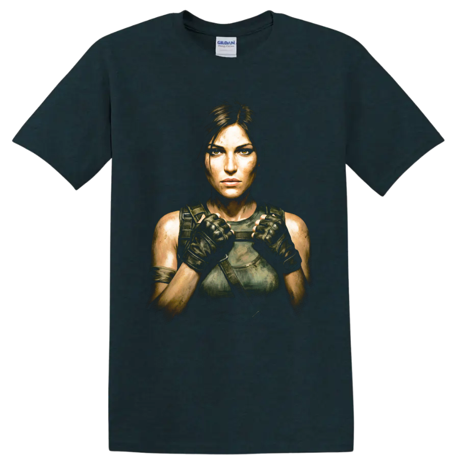 Lara Croft tactical adventure portrait graphic print on a Midnight (Green) T Shirt