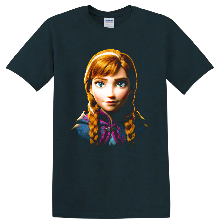 Anna from Frozen portrait with blue eyes and copper-red braided hair on a Midnight (Green) T Shirt