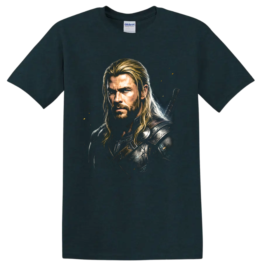 Thor warrior portrait in dark armor with cinematic fantasy artwork on a Midnight (Green) T Shirt