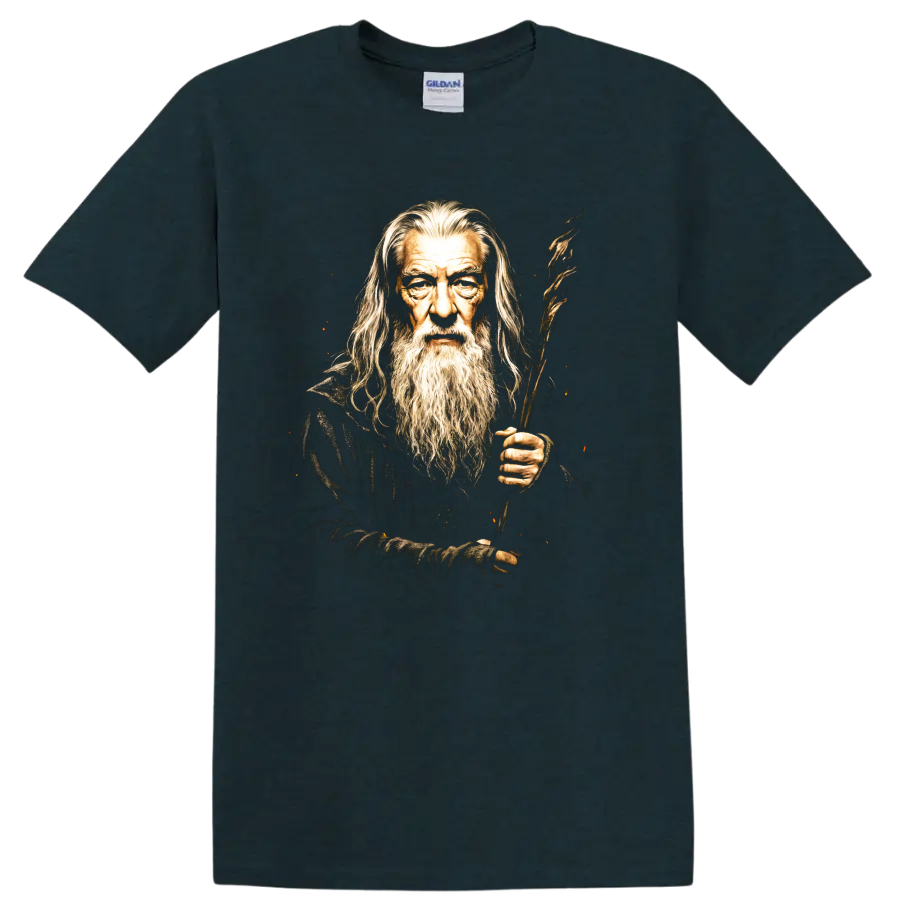 Gandalf wizard portrait with long beard and wooden staff fantasy graphic on a Midnight (Green) T Shirt