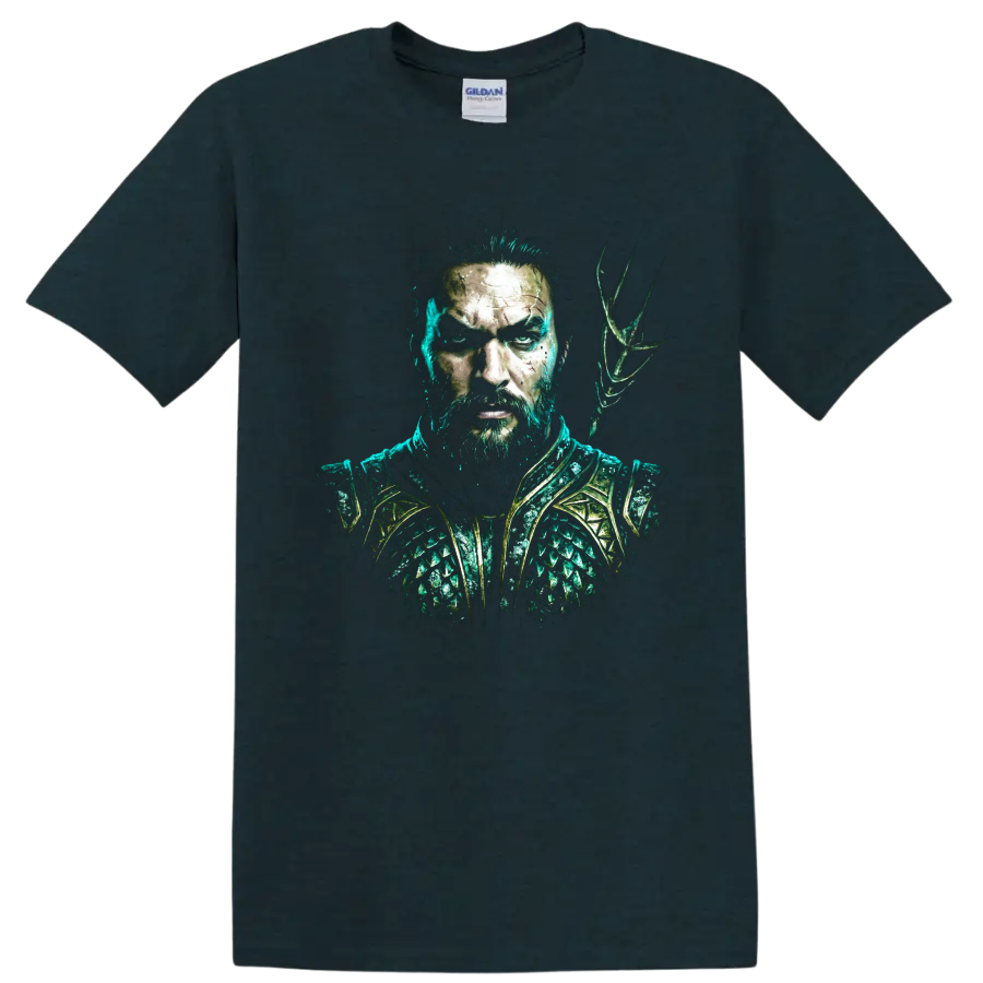 Aquaman comic-style warrior portrait with teal armor and trident on a Midnight (Green) T Shirt