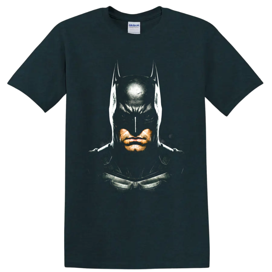 Batman masked vigilante portrait in gritty comic graphic style on a Midnight (Green) T Shirt