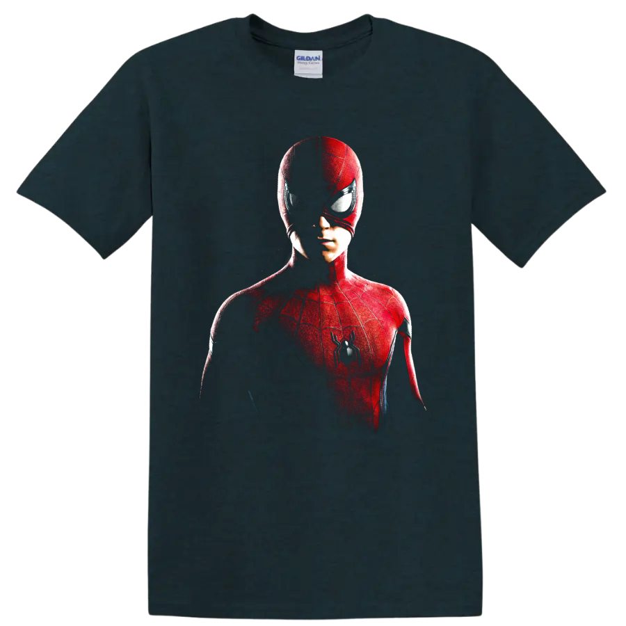 Spider-Man red masked portrait graphic with web details and spider emblem on a Midnight (Green) T Shirt