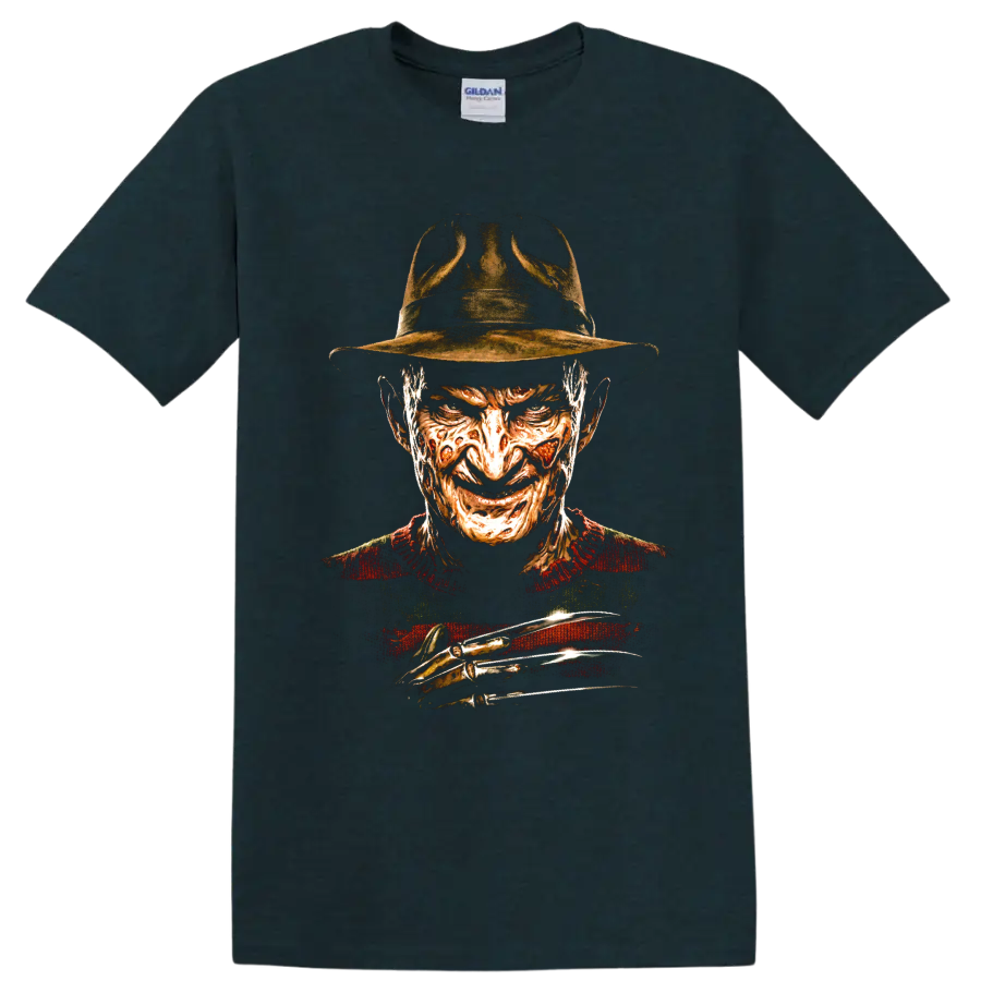 Freddy Krueger horror portrait with fedora and razor glove graphic on a Midnight (Green) T Shirt