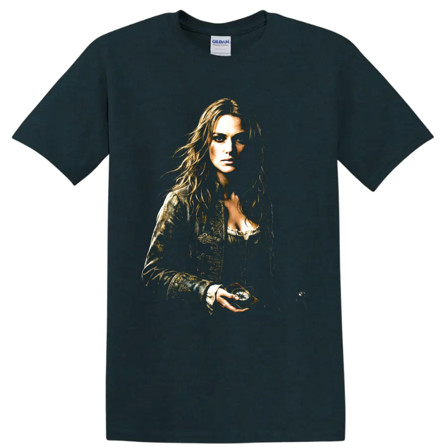Elizabeth Swann pirate heroine portrait with ornate coat and dramatic shading on a Midnight (Green) T Shirt