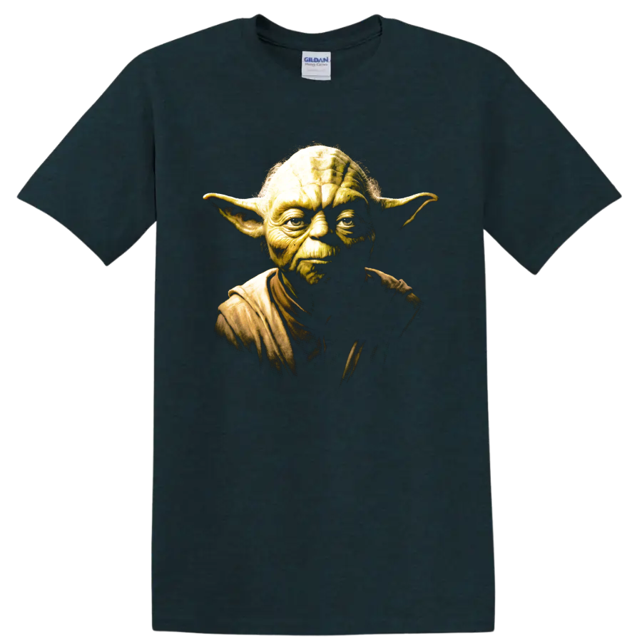 Yoda Star Wars portrait graphic with dramatic golden-green cinematic shading on a Midnight (Green) T Shirt