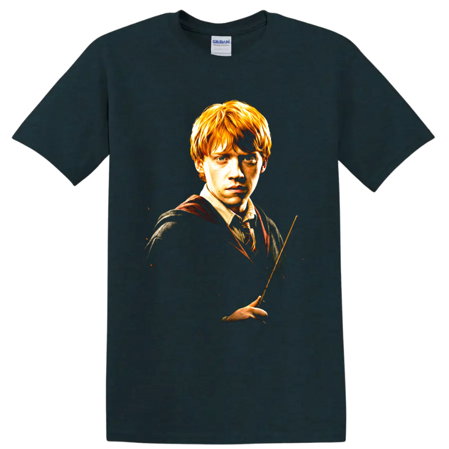 Ron Weasley wizard wand portrait graphic print on a Midnight (Green) T Shirt