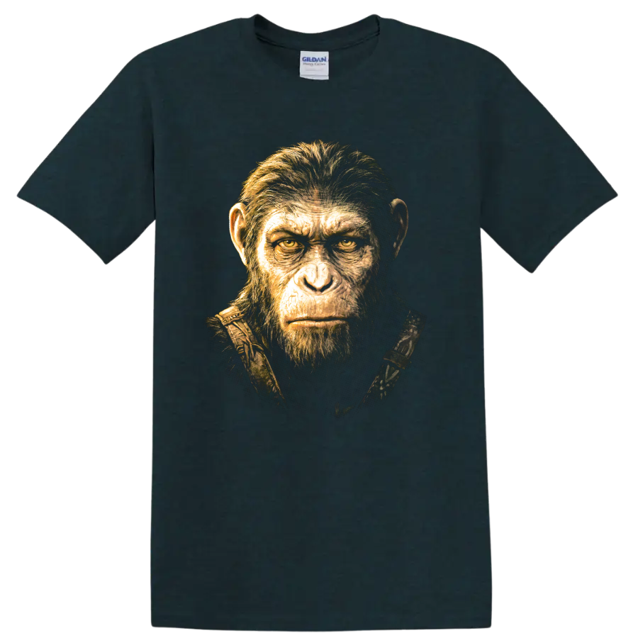 Caesar from Planet of the Apes cinematic ape portrait graphic on a Midnight (Green) T Shirt