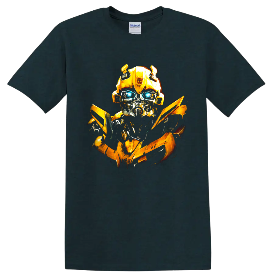 Bumblebee yellow robot graphic with glowing blue eyes on a Midnight (Green) T Shirt
