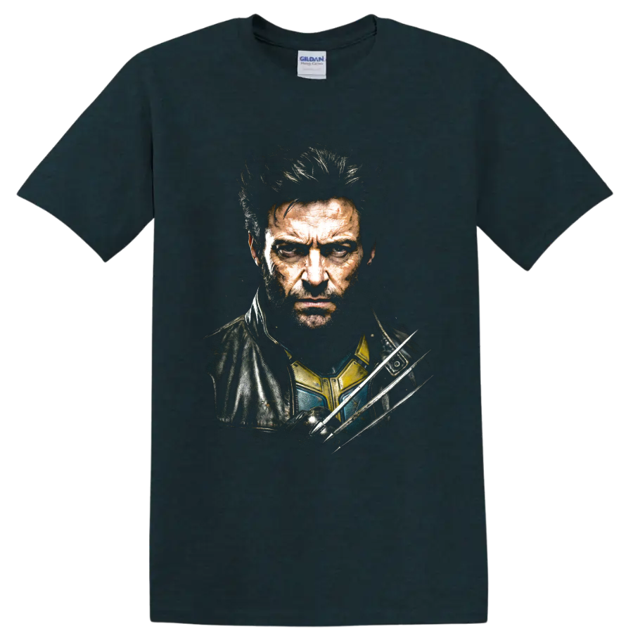 Gritty Logan Wolverine portrait with three extended claws on a Midnight (Green) T Shirt
