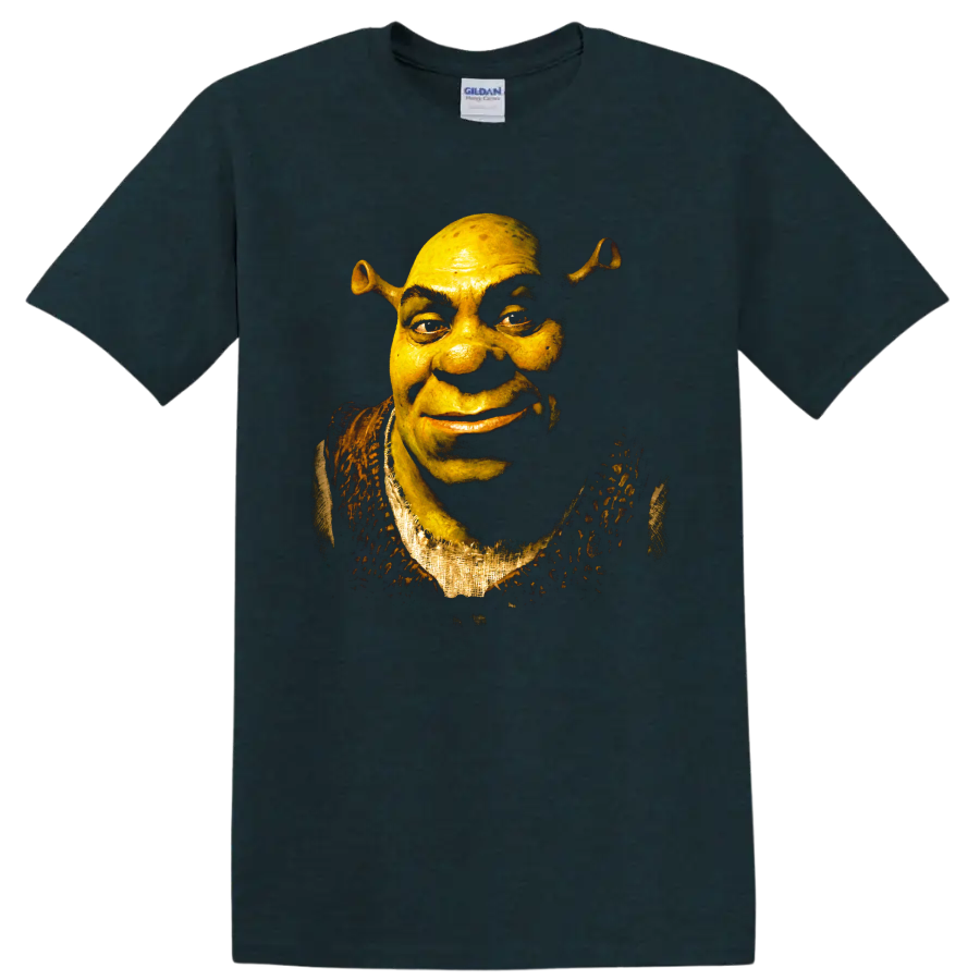 Shrek green ogre close-up portrait in dark fantasy graphic style on a Midnight (Green) T Shirt
