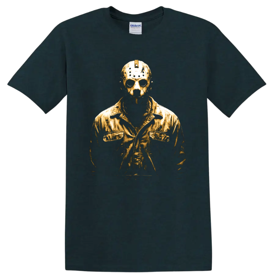 Jason Voorhees distressed gold masked portrait graphic on a Midnight (Green) T Shirt