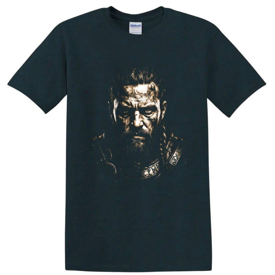 Ragnar Lothbrok distressed Norse warrior portrait graphic on a Midnight (Green) T Shirt