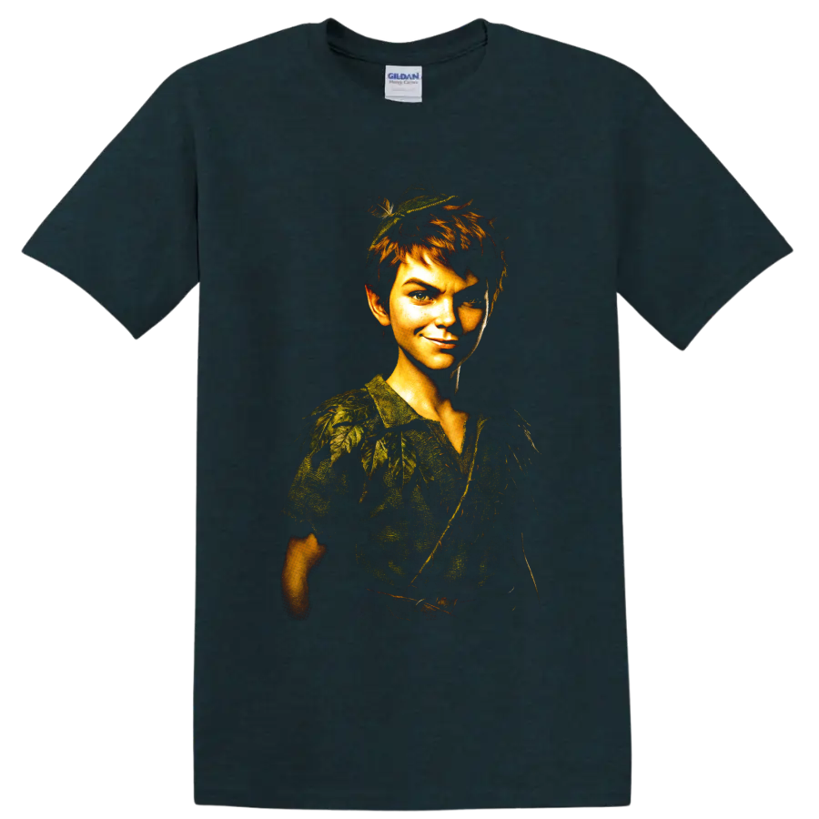 Peter Pan fantasy forest boy portrait graphic print on a Midnight (Green) T Shirt