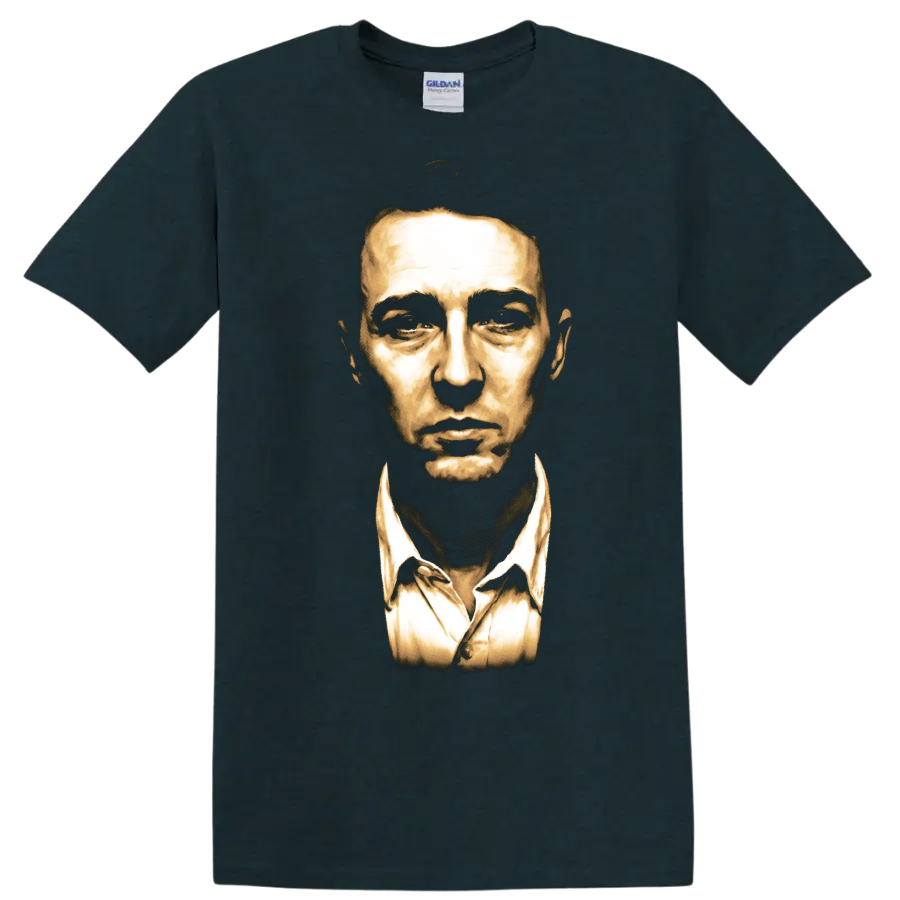 Edward Norton as The Narrator in a dramatic golden Fight Club portrait on a Midnight (Green) T Shirt