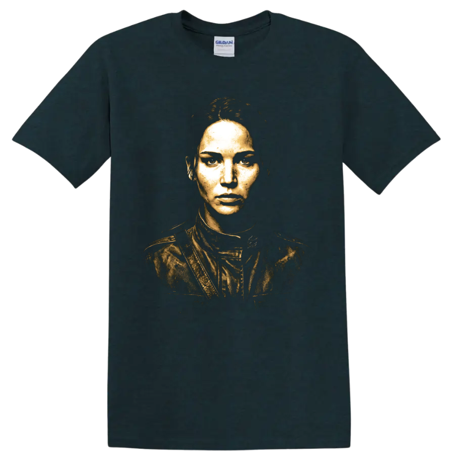 Katniss Everdeen distressed gold portrait graphic print on a Midnight (Green) T Shirt