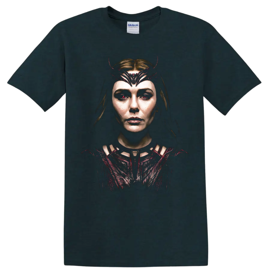 Scarlet Witch dark cinematic portrait with crimson crown on a Midnight (Green) T Shirt