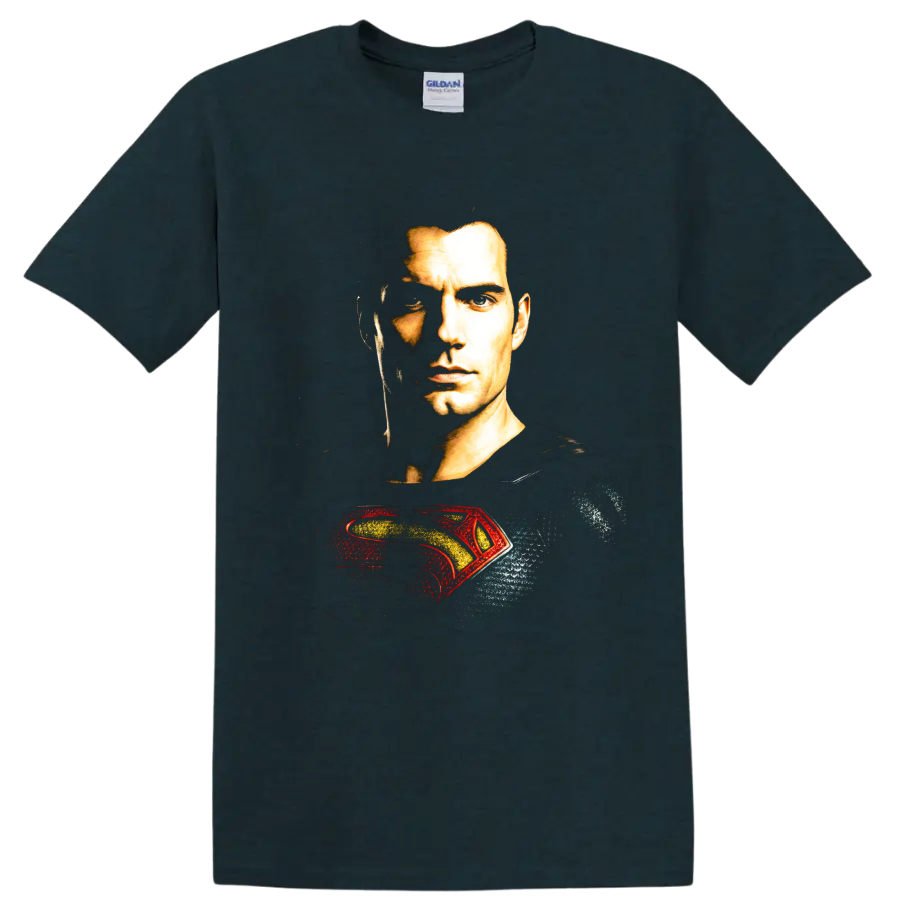 Superman portrait with red and gold emblem graphic on a Midnight (Green) T Shirt